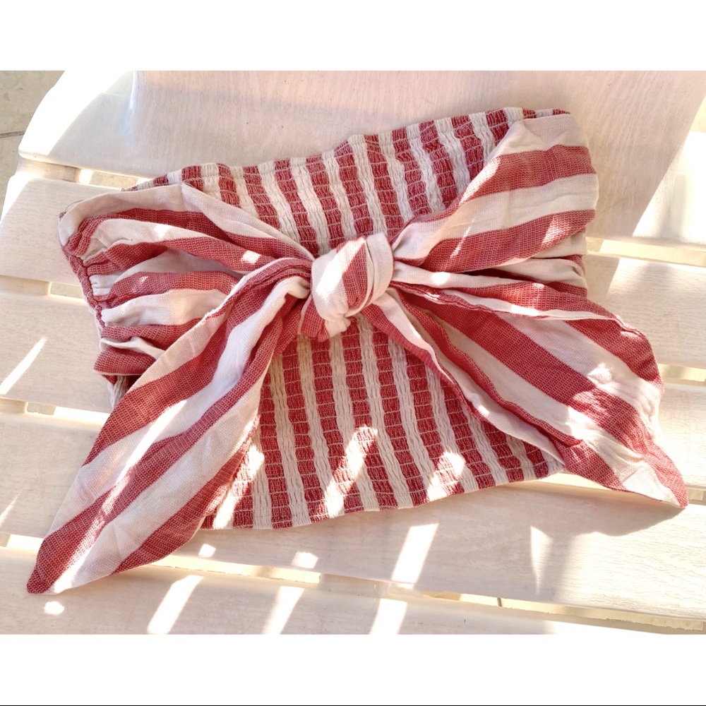 Smocked Tie Front Bandeau Top
